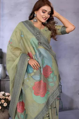 sage jacquard cotton blend saree with blouse 