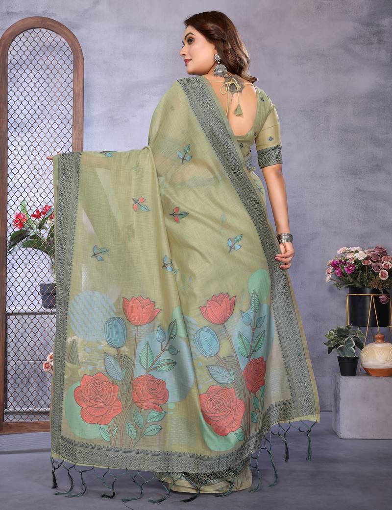 sage jacquard cotton blend saree with blouse 