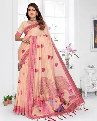 peach jacquard cotton blend saree with blouse  1