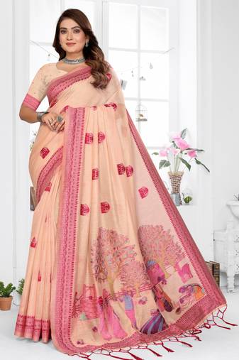 peach jacquard cotton blend saree with blouse 