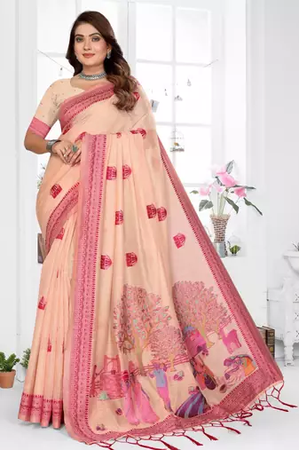 peach jacquard cotton blend saree with blouse 