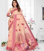 peach jacquard cotton blend saree with blouse 