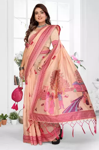 peach jacquard cotton blend saree with blouse 