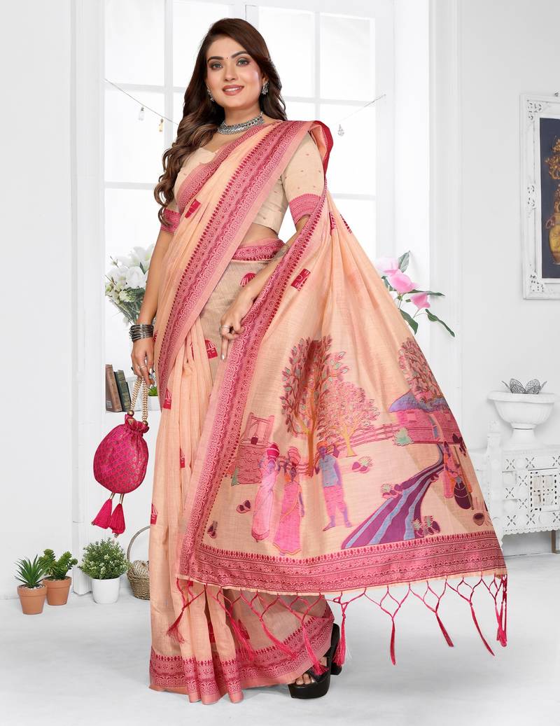 peach jacquard cotton blend saree with blouse 