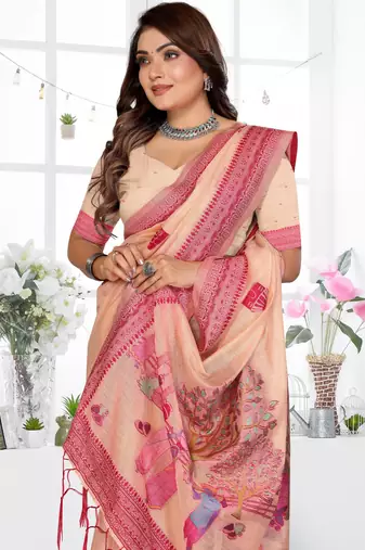 peach jacquard cotton blend saree with blouse 
