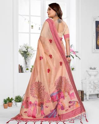 peach jacquard cotton blend saree with blouse  4