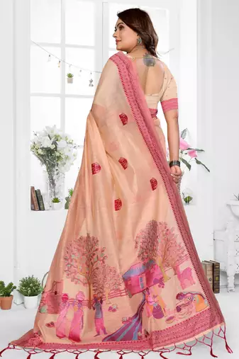 peach jacquard cotton blend saree with blouse 