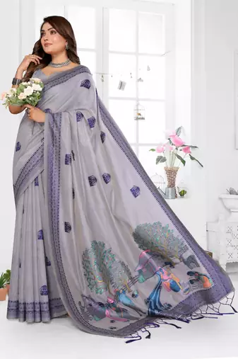 lavender jacquard cotton blend saree with blouse 