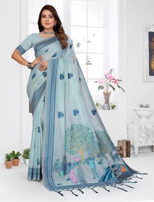 blue jacquard cotton blend saree with blouse  1