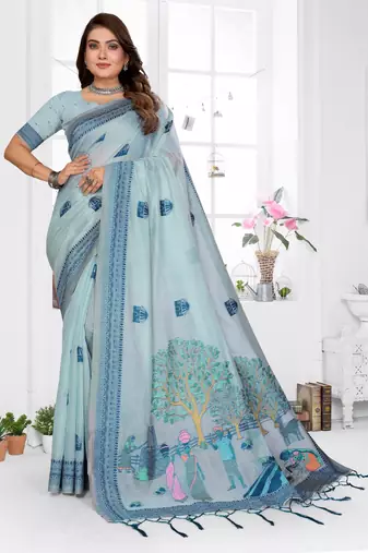 blue jacquard cotton blend saree with blouse 