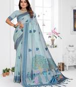 blue jacquard cotton blend saree with blouse 