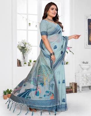 blue jacquard cotton blend saree with blouse  2
