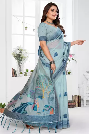 blue jacquard cotton blend saree with blouse 