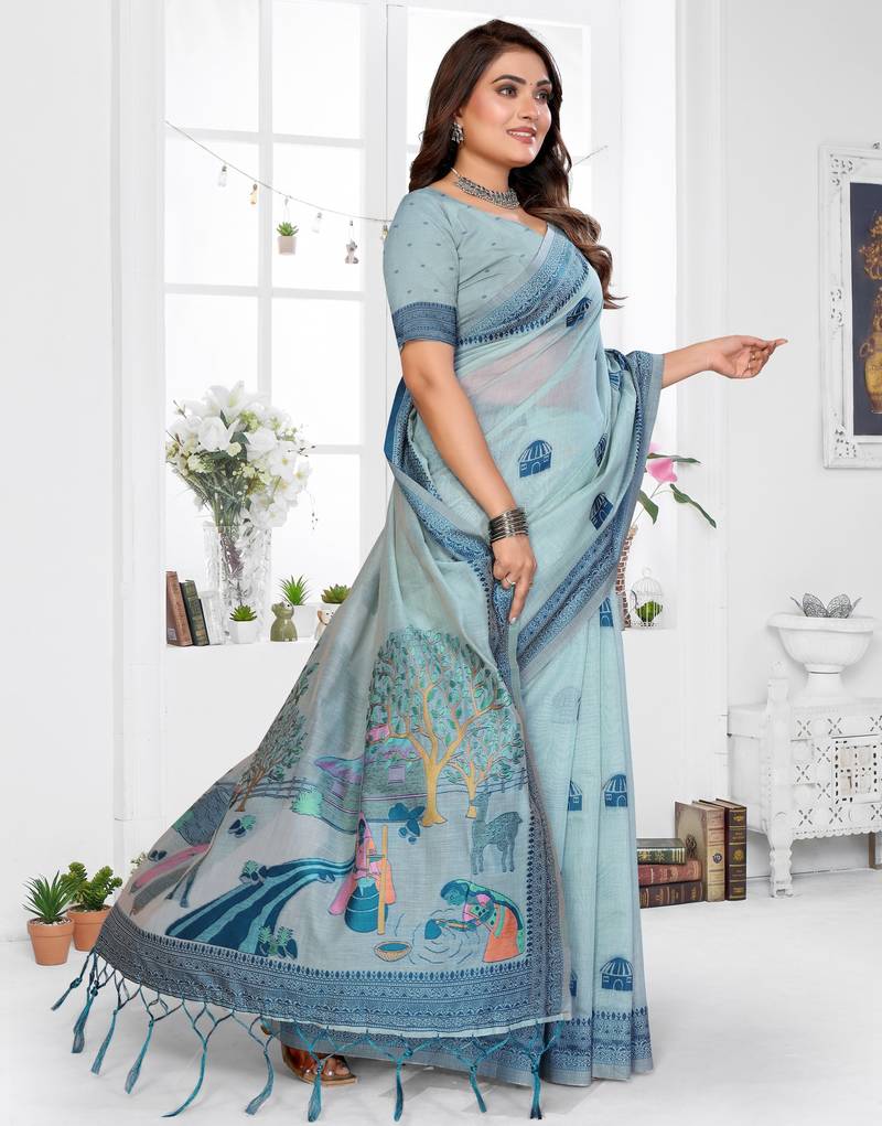 blue jacquard cotton blend saree with blouse 