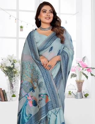 blue jacquard cotton blend saree with blouse  3