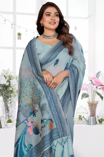 blue jacquard cotton blend saree with blouse 