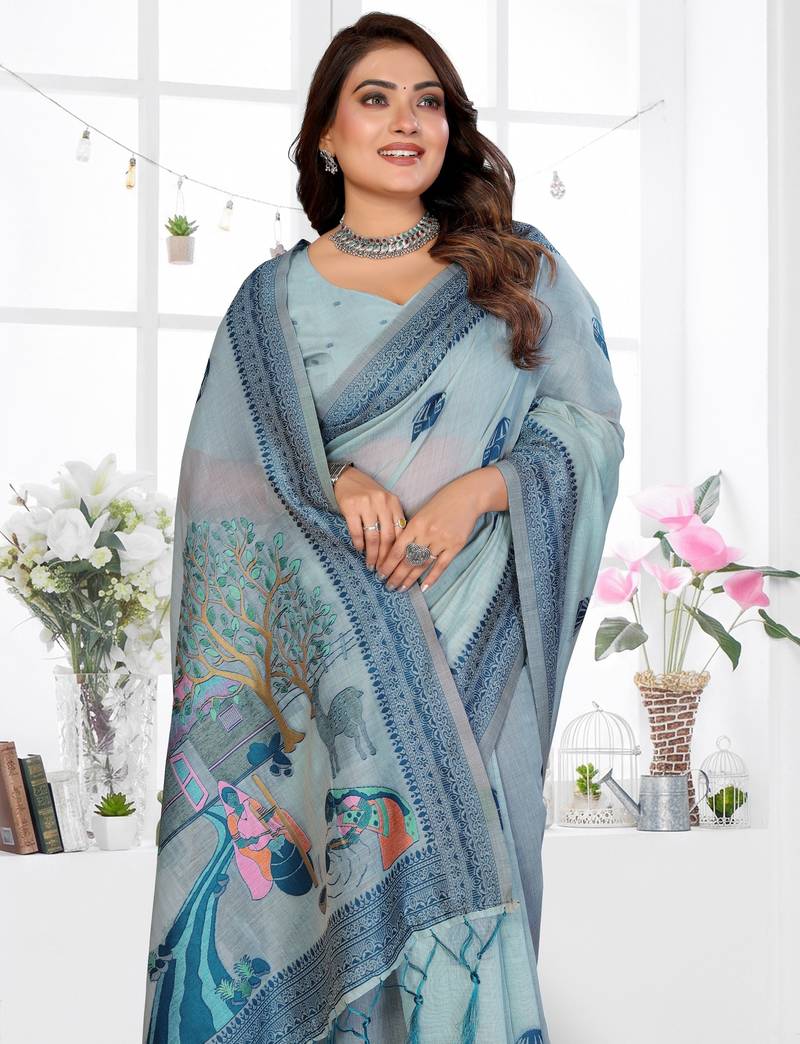 blue jacquard cotton blend saree with blouse 