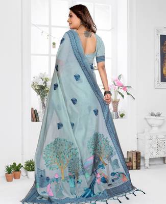 blue jacquard cotton blend saree with blouse  4