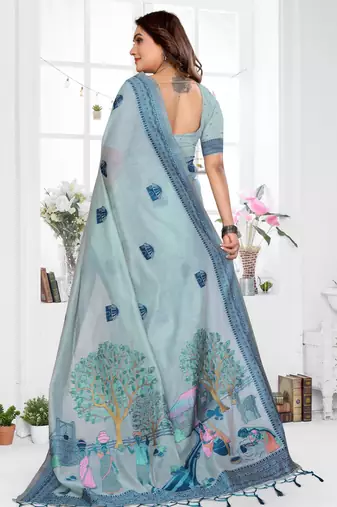 blue jacquard cotton blend saree with blouse 