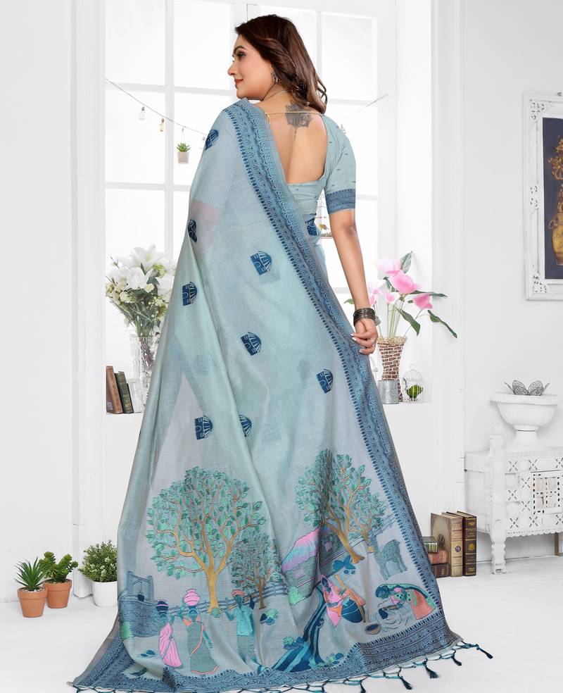 blue jacquard cotton blend saree with blouse 