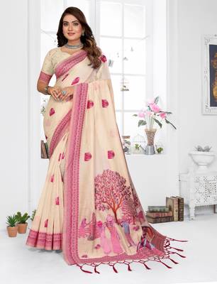 beige jacquard cotton blend saree with blouse  1