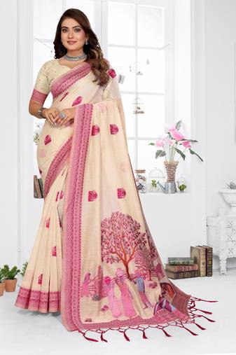 beige jacquard cotton blend saree with blouse 