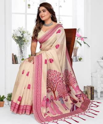 beige jacquard cotton blend saree with blouse  2