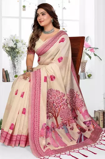 beige jacquard cotton blend saree with blouse 