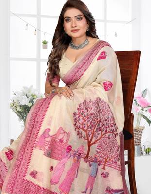 beige jacquard cotton blend saree with blouse  3