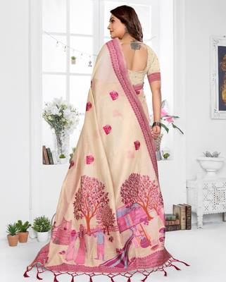 beige jacquard cotton blend saree with blouse  4