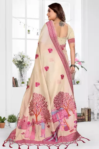 beige jacquard cotton blend saree with blouse 