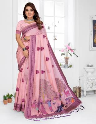 pink jacquard cotton blend saree with blouse  1