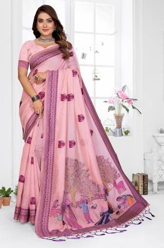 pink jacquard cotton blend saree with blouse 