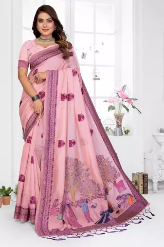 pink jacquard cotton blend saree with blouse 