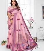 pink jacquard cotton blend saree with blouse 