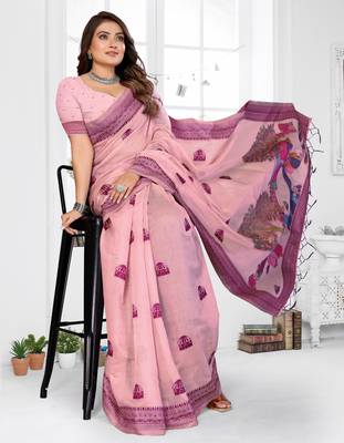 pink jacquard cotton blend saree with blouse  2