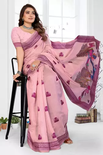 pink jacquard cotton blend saree with blouse 