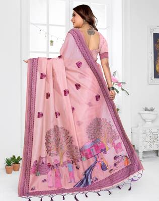 pink jacquard cotton blend saree with blouse  4