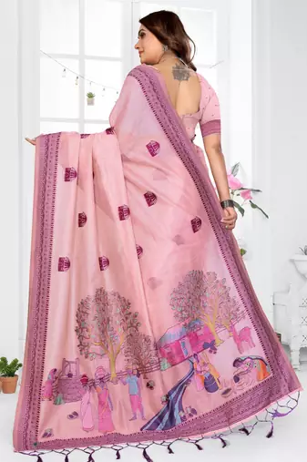 pink jacquard cotton blend saree with blouse 