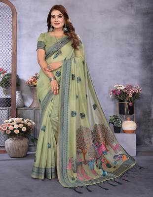 sage jacquard cotton blend saree with blouse  1