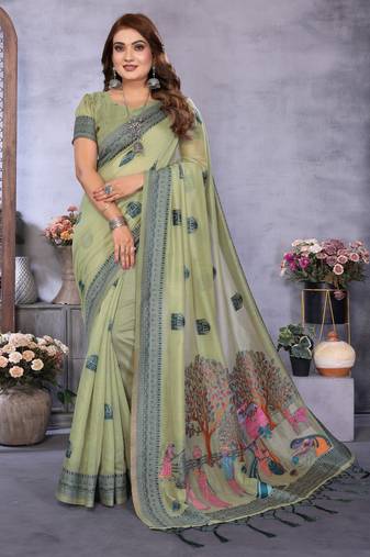sage jacquard cotton blend saree with blouse 