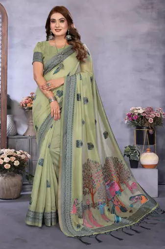 sage jacquard cotton blend saree with blouse 