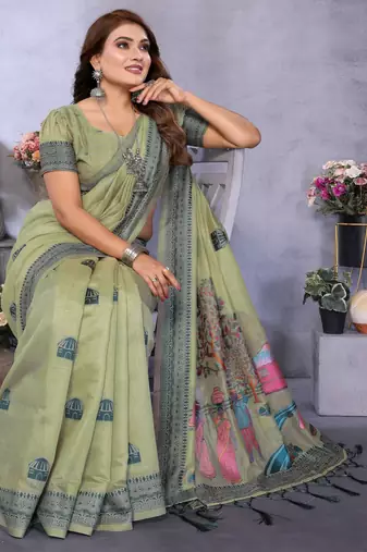 sage jacquard cotton blend saree with blouse 