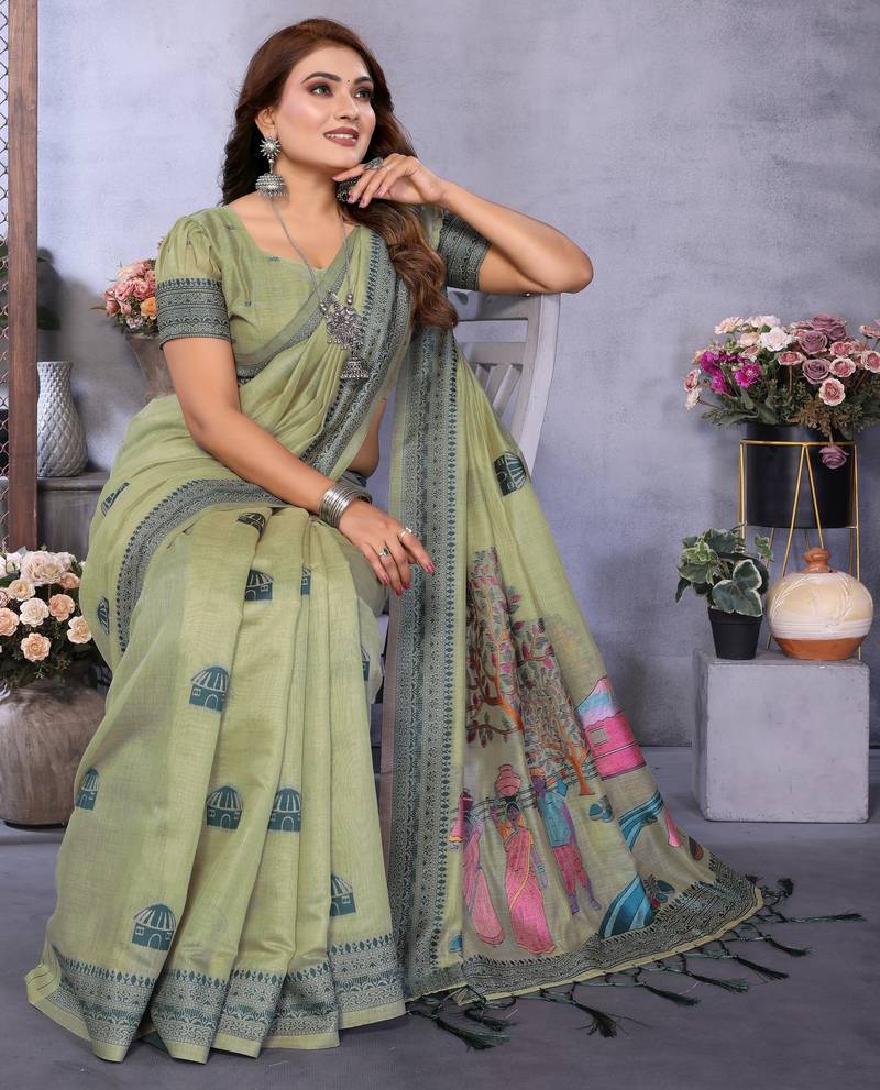 sage jacquard cotton blend saree with blouse 
