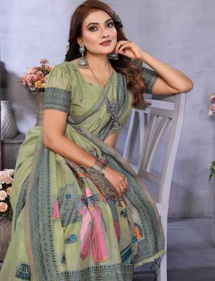 sage jacquard cotton blend saree with blouse  3