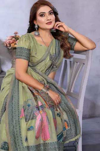 sage jacquard cotton blend saree with blouse 