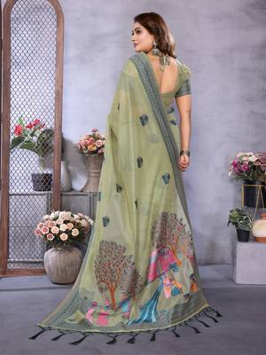 sage jacquard cotton blend saree with blouse  4