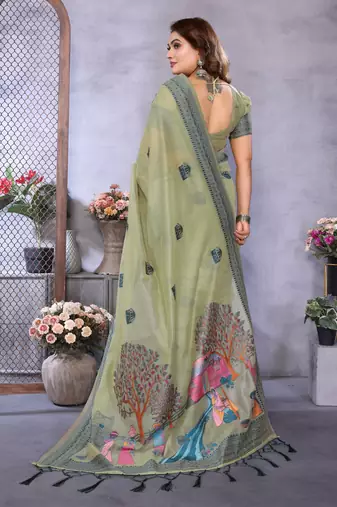 sage jacquard cotton blend saree with blouse 