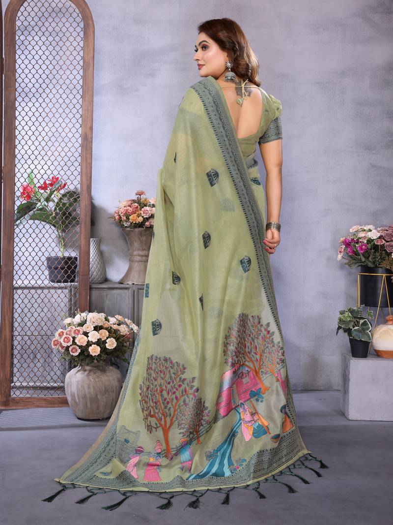 sage jacquard cotton blend saree with blouse 