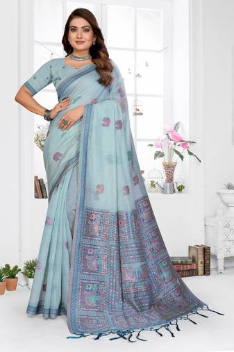 blue jacquard cotton blend saree with blouse 
